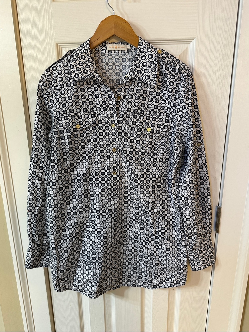 TORY BURCH cotton Blouse Medallion Print Classy Stylish Chic Size 10